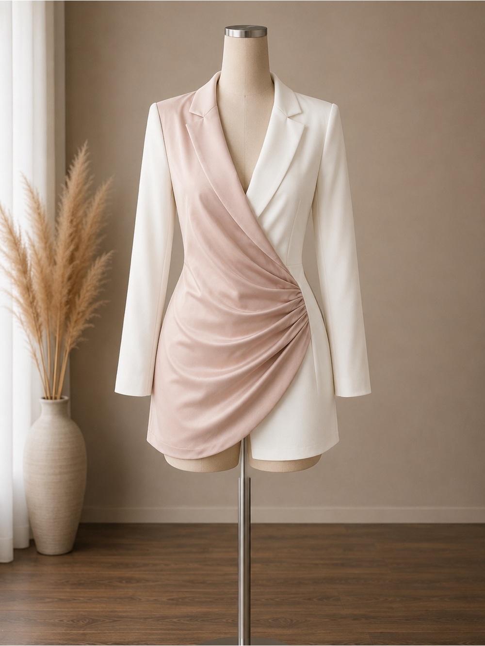 Two-Tone Draped Blazer Romper in Ivory and Blush